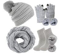 CheChury Damen Kombi Set Schal Mütze Set Loop Schal Gestrickt Beanie Strickmütze Fleece Bommelmütze Pompon Touchscreen-Handschuhe Strick mit Kreis Geschenkset für Frauen,Grau-2