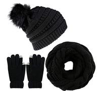 CheChury Damen Kombi Set Schal Mütze Set Loop Schal Gestrickt Beanie Strickmütze Fleece Bommelmütze Pompon Touchscreen-Handschuhe Strick mit Kreis Geschenkset für Frauen,Schwarz