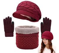 CheChury Damen Mütze Schal Kombiset Barett Beanie Handschuhe Strickset Weiche Warme Wintermütze mit Dick Fleecefutter Gestrickt Geschenkset für Frauen