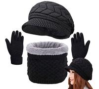 CheChury Damen Mütze Schal Kombiset Barett Beanie Handschuhe Strickset Weiche Warme Wintermütze mit Dick Fleecefutter Gestrickt Geschenkset für Frauen