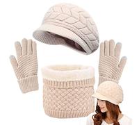 CheChury Damen Mütze Schal Kombiset Barett Beanie Handschuhe Strickset Weiche Warme Wintermütze mit Dick Fleecefutter Gestrickt Geschenkset für Frauen