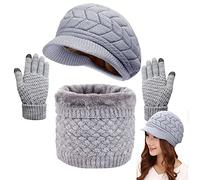 CheChury Damen Mütze Schal Kombiset Barett Beanie Handschuhe Strickset Weiche Warme Wintermütze mit Dick Fleecefutter Gestrickt Geschenkset für Frauen
