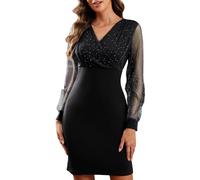 CheChury Damen Paillettenkleid Mini Langarm Kleid Damen Elegant Pailletten Kleider V-Ausschnitt Cocktailkleid Abendkleid Figurbetontes Glitzer Partykleid Wickelkleider Silvester Kleid,Schwarz,XXL