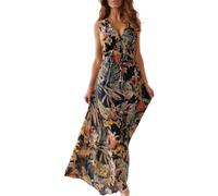 CheChury Damen Sommerkleid Lang Maxikleid Sommer V Ausschnitt Kleid Floral Maxikleider Elegant Freizeitkleider Ärmellos Strandkleid Lang Kleider Partykleid Freizeitkleider Boho Maxi Dress,Schwarz,S
