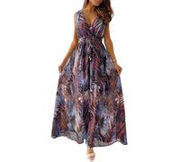CheChury Damen Sommerkleid Lang Maxikleid Sommer V Ausschnitt Kleid Floral Maxikleider Elegant Freizeitkleider Ärmellos Strandkleid Lang Kleider Partykleid Freizeitkleider Boho Beach Maxi Dress