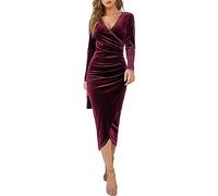 CheChury Damen Winterkleid Elegant Retro Kleider Winter Samtkleid Damen Cocktailkleid V-Ausschnitt Kleid Langarm Festliche Kleider für Hochzeit Vintage Kleid Abendkleider Silvester Kleid,Wein,L