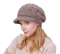 CheChury Damen Wollmütze Winter Warme Strickmütze Kaschmir Mit Schirm Schirmmütze Grobstrick Baskenmütze Barett Fleece, Khaki