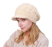 CheChury Damen Wollmütze Winter Warme Strickmütze Kaschmir Mit Schirm Schirmmütze Grobstrick Baskenmütze Barett Fleece, Beige