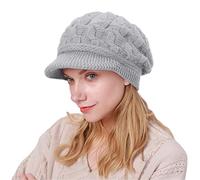 CheChury Damen Wollmütze Wintermütze Warme Strickmütze Frauen Kaschmir Mütze mit Schirm Barett Grobstrick Baskenmütze Winter Strickmütze Fleece,Grau