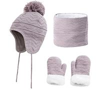 CheChury Kinder Mütze Schal Handschuhe Set Jungen Mädchen Strickmütze Mit Pompon Schlauchschal Baby Wintermütze Beanie Hut Schal Set Wintermütze Winterschal Innenfutter Kinder,Grau,S
