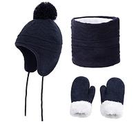CheChury Kinder Mütze Schal Handschuhe Set Jungen Mädchen Strickmütze Mit Pompon Schlauchschal Baby Wintermütze Beanie Hut Schal Set Wintermütze Winterschal Innenfutter Kinder,Navy blau,L