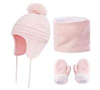 CheChury Kinder Mütze Schal Handschuhe Set Jungen Mädchen Strickmütze Mit Pompon Schlauchschal Baby Wintermütze Beanie Hut Schal Set Wintermütze Winterschal Innenfutter Kinder,Rosa,L