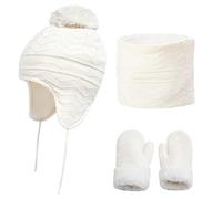CheChury Kinder Mütze Schal Handschuhe Set Jungen Mädchen Strickmütze Mit Pompon Schlauchschal Baby Wintermütze Beanie Hut Schal Set Wintermütze Winterschal Innenfutter Kinder,Weiß,S
