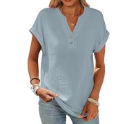 CheChury Musselin Bluse Damen Hemdbluse Kurzarm Baumwolle Leinenbluse T Shirt V-Ausschnitt Sommer Oberteil Locker Tops Casual Freizeit Blusen Oversize Basic Oberteile Tunika Elegant Cropped Shirts