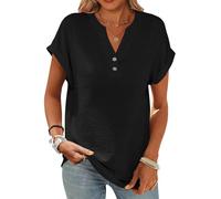 CheChury Musselin Bluse Damen Hemdbluse Kurzarm Baumwolle Leinenbluse T Shirt V-Ausschnitt Sommer Oberteil Locker Tops Casual Freizeit Blusen Oversize Basic Oberteile Tunika Elegant Cropped Shirts
