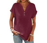 CheChury Musselin Bluse Damen Hemdbluse Kurzarm Baumwolle Leinenbluse T Shirt V-Ausschnitt Sommer Oberteil Locker Tops Casual Freizeit Blusen Oversize Basic Oberteile Tunika Elegant Cropped Shirts