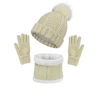 CheChury Schal Mütze und Handschuh Set Winter Kombi Set Strickmütze Beanie Handschuhe Winter-Schal Set Bommelmütze 3-teilig Winterset Beanie mit Pompon Touchscreen Handschuhe Geschenk,Beige,Onesize