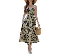 CheChury Sommerkleid Damen Spaghetti Kleid Lang Damen Kleid Elegant Maxikleid Sommer V Ausschnitt Kleider Floral Ärmelloses Freizeitkleider Boho Strandkleid Lang Kleider Casual Partykleid,Schwarz,M