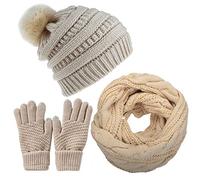CheChury Strickmütze Schal Touchscreen Handschuhe Thermosocken Set Damen Beanie Gestrickt Winter Fleece Pompom Winterschal Kombi Wintersocken Set Loop Grobstrick Kombi Sets Loop Schal Geschenk