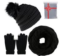 CheChury Strickmütze Schal Touchscreen Handschuhe Thermosocken Set Damen Beanie Gestrickt Winter Fleece Pompom Winterschal Kombi Wintersocken Set Loop Grobstrick Kombi Sets Loop Schal Geschenk