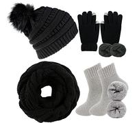 CheChury Strickmütze Schal Touchscreen Handschuhe Thermosocken Set Damen Beanie Gestrickt Winter Fleece Pompom Winterschal Kombi Wintersocken Set Loop Grobstrick Kombi Sets Loop Schal Geschenk