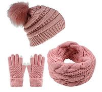 CheChury Strickmütze Schal Touchscreen Handschuhe Thermosocken Set Damen Beanie Gestrickt Winter Fleece Pompom Winterschal Kombi Wintersocken Set Loop Grobstrick Kombi Sets Loop Schal Geschenk