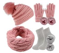 CheChury Strickmütze Schal Touchscreen Handschuhe Thermosocken Set Damen Beanie Gestrickt Winter Fleece Pompom Winterschal Kombi Wintersocken Set Loop Grobstrick Kombi Sets Loop Schal Geschenk