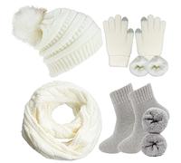 CheChury Strickmütze Schal Touchscreen Handschuhe Thermosocken Set Damen Beanie Gestrickt Winter Fleece Pompom Winterschal Kombi Wintersocken Set Loop Grobstrick Kombi Sets Loop Schal Geschenk