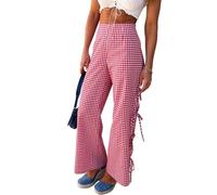 CheJooe Damen-Hose mit Gingham-Muster, seitliche Fliege, weites Bein, elastisch, Y2K, Karomuster, lange Hose, Sommer, hohe Taille, Jogginghose, Bb2-Rose Red, 27-32