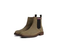 Chelseaboots TOMMY HILFIGER "CLEATED HILFIGER SUEDE CHELSEA", Herren, Gr. 43, grün (khaki), Elastischer Einsatz, Veloursleder, used, Schuhe Chelseaboots, Blockabsatz, Stiefelette, Businessschuh in sch