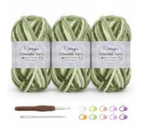 Chenille Wolle zum Häkeln - 300g 3-Rollen Farbverlauf Chunky Häkelgarn mit 6mm Häkelnadel Set, Flauschige Babywolle zum Stricken für Amigurumi, Babydecke, Schnellfertige Crafts (Emerald Green -3)
