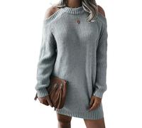 CHENSHI Kleid Off Shoulder Strickpullover Kleider Damen Herbst Winter Laterne Langarm Strickkleid Casual Minikleid-grau 2-XL