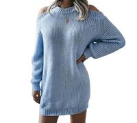CHENSHI Kleid Off Shoulder Strickpullover Kleider Damen Herbst Winter Laterne Langarm Strickkleid Casual Minikleid-himmelblau 2-XL