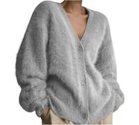 Chenxiyin Damen Strickjacke, flauschig, Knopfleiste, langärmelig, V-Ausschnitt, pelziger Pullover, Mantel, lockere Strickjacke, Outwear, hellgrau, S