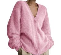 Chenxiyin Damen-Strickjacke mit Knöpfen, langärmlig, V-Ausschnitt, flauschiger Strick, pelziger Strickpullover, lockere Strickjacke, legerer Strickmantel, rose, M