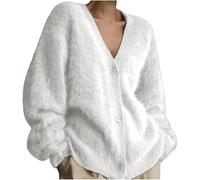 Chenxiyin Damen-Strickjacke mit Knöpfen, langärmlig, V-Ausschnitt, flauschiger Strick, pelziger Strickpullover, lockere Strickjacke, Überzieher, weiß, M