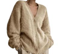 Chenxiyin Damen-Strickjacke mit Knöpfen, langärmlig, V-Ausschnitt, flauschiger Strick, pelziger Strickpullover-Mantel, lockere, weite Strickjacke, Oberbekleidung, khaki, L