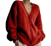 Chenxiyin Damen-Strickjacke mit Knöpfen, langärmlig, V-Ausschnitt, flauschiger Strick, pelziger Strickpullover, lockere Strickjacke, Strickmantel, rot, L