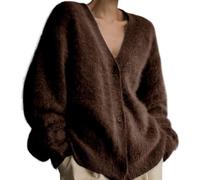 Chenxiyin Damen-Strickjacke mit Knöpfen, langärmlig, V-Ausschnitt, flauschiger Strickpullover, lockere Strickjacke, Oberbekleidung, braun, M
