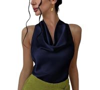 Chenxiyin Damen-Tanktop aus seidigem Satin, Neckholder, zum Binden am Rücken, Wasserfallausschnitt, ärmellos, drapiert, rückenfrei, blau, XS