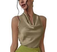 Chenxiyin Damen-Tanktop aus seidigem Satin, Neckholder, zum Binden am Rücken, Wasserfallausschnitt, ärmellos, drapiert, rückenfrei, Khaki-a, M