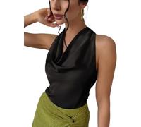 Chenxiyin Damen-Tanktop aus seidigem Satin, Neckholder, zum Binden am Rücken, Wasserfallausschnitt, ärmellos, drapiert, rückenfrei, Schwarz , S