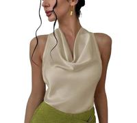 Chenxiyin Damen-Tanktop aus seidigem Satin, Neckholder, zum Binden am Rücken, Wasserfallausschnitt, ärmellos, drapiert, rückenfrei, Khaki-b, M