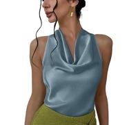 Chenxiyin Damen-Tanktop aus seidigem Satin, Neckholder, zum Binden am Rücken, Wasserfallausschnitt, ärmellos, drapiert, rückenfrei, sky, M