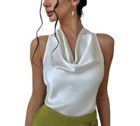 Chenxiyin Damen-Tanktop aus seidigem Satin, Neckholder, zum Binden am Rücken, Wasserfallausschnitt, ärmellos, drapiert, rückenfrei, weiß, XS