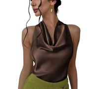 Chenxiyin Damen-Tanktop aus seidigem Satin, Neckholder, zum Binden am Rücken, Wasserfallausschnitt, ärmellos, drapiert, rückenfrei, braun, L