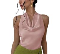 Chenxiyin Damen-Tanktop aus seidigem Satin, Neckholder, zum Binden am Rücken, Wasserfallausschnitt, ärmellos, drapiert, rückenfrei, rose, M