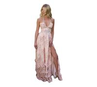 CHENZKBD Damenkleid Frauen Elegantes Kleid Von Mit Gedrucktem Schlankem Fit Und Langer Schwung Für Urlaub Hosenträgern Spitze Rock-Hellrosa-s