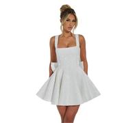 CHENZKBD Damenkleid Frauen Glitzer -Pailletten Kleid Party Cocktail Sparkling Dress Club Abendkleid Mit Bogen-weiß-XL