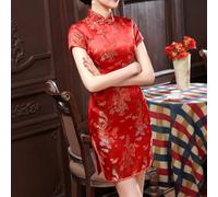 Cheongsam Damen-Kleid, 3er-Pack, langärmelig, Stehkragen, chinesischer Stil, Kleid mit Drachen-Phönix-Stickerei, Retro-elegantes Design, für Frauen im Alltag und für festliche Anlässe (XXXL Rot)